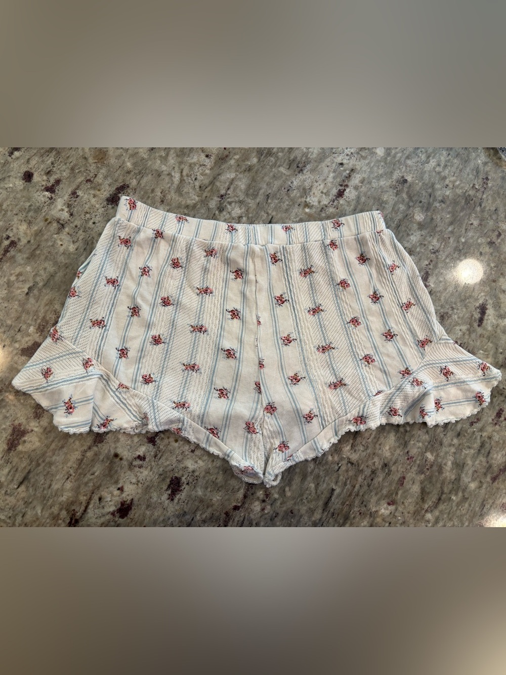 Sezane Cream Striped Sleep Shorts with Pink Floral Print